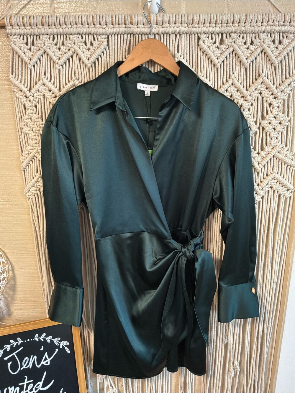 NWT GIANNI BINNI EMERALD GREEN SATIN WRAP DRESS W/ gold detail